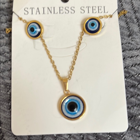 Fashion Jewelry Jewelry - Gold and Blue Evil Eye Necklace and Earring Set